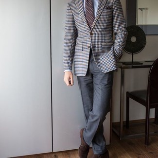 Men's Multi colored Gingham Blazer, White Dress Shirt, Charcoal Dress Pants, Brown Suede Oxford Shoes