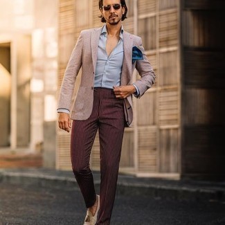 Tan Suede Loafers Outfits For Men: A beige blazer and burgundy vertical striped dress pants are absolute mainstays if you're putting together a sharp closet that matches up to the highest men's fashion standards. Add tan suede loafers to the equation and ta-da: the look is complete.