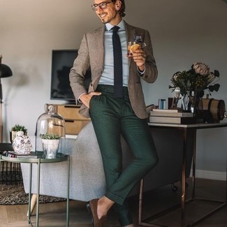 Tan Plaid Wool Blazer Outfits For Men: A tan plaid wool blazer and dark green dress pants are absolute mainstays if you're crafting a smart closet that holds to the highest sartorial standards. Our favorite of a ton of ways to finish off this outfit is brown suede loafers.