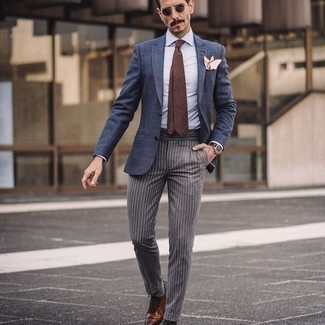 Grey Vertical Striped Dress Pants Outfits For Men: Make no doubt, you'll look extra sharp in a blue check blazer and grey vertical striped dress pants. Hesitant about how to complement this outfit? Rock a pair of brown leather oxford shoes to kick it up a notch.