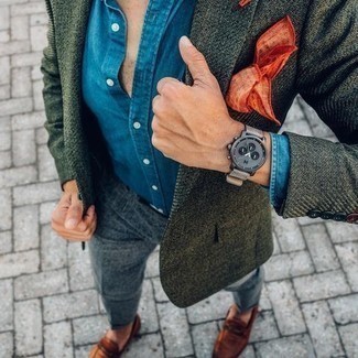 Tobacco Leather Loafers Outfits For Men: This getup clearly shows that it is totally worth investing in such elegant menswear items as a dark green wool blazer and blue dress pants. A pair of tobacco leather loafers will be a welcome companion to this look.