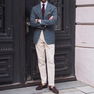 Burgundy Tie Outfits For Men: For an ensemble that's sophisticated and Kingsman-worthy, team a blue plaid blazer with a burgundy tie. On the shoe front, this outfit pairs perfectly with dark brown suede tassel loafers.