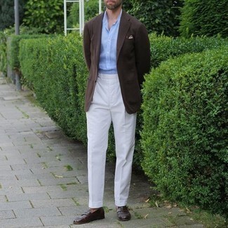 White Dress Pants Outfits For Men: Combining a dark brown blazer and white dress pants is a surefire way to infuse sophistication into your wardrobe. We adore how this whole look comes together thanks to dark brown leather loafers.