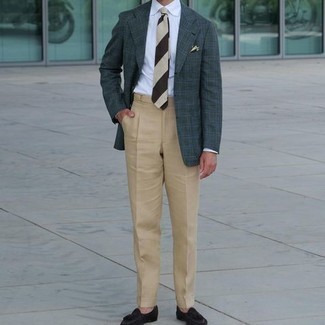 Olive Plaid Blazer Outfits For Men: You'll be surprised at how extremely easy it is to throw together this polished ensemble. Just an olive plaid blazer paired with khaki dress pants. When not sure about what to wear when it comes to footwear, complete your getup with dark brown suede tassel loafers.