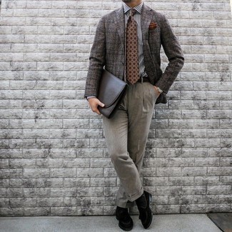 Brown Plaid Wool Blazer Outfits For Men: A brown plaid wool blazer and grey dress pants are among the crucial elements of a sophisticated man's closet. Our favorite of a myriad of ways to complete this getup is black suede tassel loafers.