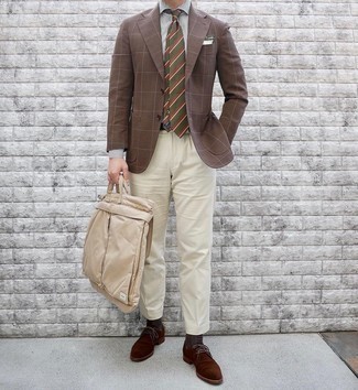 Tan Canvas Tote Bag Outfits For Men: This urban combo of a brown check blazer and a tan canvas tote bag is very easy to put together in seconds time, helping you look awesome and prepared for anything without spending too much time rummaging through your wardrobe. Finishing with dark brown suede derby shoes is a surefire way to breathe a sense of polish into your outfit.