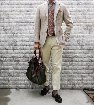 Tan Wool Blazer Outfits For Men: This pairing of a tan wool blazer and beige dress pants spells sophistication and refinement. Dark brown suede tassel loafers serve as the glue that pulls this ensemble together.