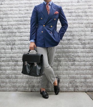 Orange Print Pocket Square Outfits: This combo of a navy blazer and an orange print pocket square combines comfort and dapper menswear style. Go ahead and complement your ensemble with black leather loafers for an added touch of style.