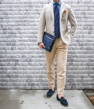 Navy Suede Tassel Loafers Outfits: We love the way this combination of a beige wool blazer and beige dress pants instantly makes men look polished and stylish. A nice pair of navy suede tassel loafers ties this outfit together.