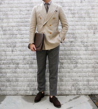 Brown Suede Monks Outfits: Opt for a beige wool blazer and charcoal dress pants for a proper elegant outfit. Our favorite of a multitude of ways to complement this ensemble is brown suede monks.