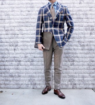 Tan Print Pocket Square Summer Outfits: Hard proof that a blue plaid blazer and a tan print pocket square look amazing when worn together in a laid-back look. For a sleeker twist, complete this outfit with dark brown leather oxford shoes. You actually can look easy breezy under the sweltering heat, and this look is proof of just that