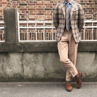 Tan Plaid Wool Blazer Outfits For Men: We love the way this combination of a tan plaid wool blazer and khaki dress pants immediately makes you look classy and sharp. On the shoe front, this outfit is rounded off nicely with brown suede derby shoes.