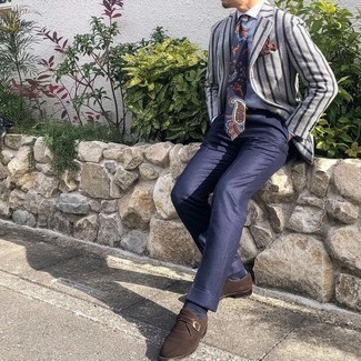 Charcoal Vertical Striped Blazer Outfits For Men: Putting together a charcoal vertical striped blazer and navy dress pants is a guaranteed way to inject your day-to-day wardrobe with some manly refinement. A pair of dark brown suede monks is a smart idea to complement your look.