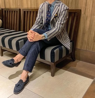 Charcoal Vertical Striped Blazer Outfits For Men: This combination of a charcoal vertical striped blazer and navy dress pants can only be described as devastatingly dapper and sophisticated. Complete this ensemble with navy suede tassel loafers and the whole getup will come together.