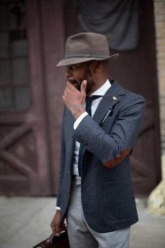 Men's Charcoal Wool Blazer, White Dress Shirt, Grey Wool Dress Pants, Dark Brown Wool Hat
