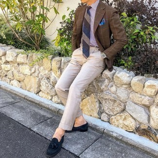 Navy Suede Tassel Loafers Outfits: Go all out in a brown check blazer and beige dress pants. Let your outfit coordination savvy really shine by completing this look with a pair of navy suede tassel loafers.