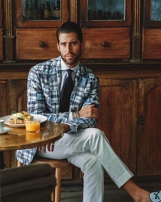 White and Blue Plaid Blazer Outfits For Men: This refined combo of a white and blue plaid blazer and white dress pants is a must-try outfit for today's man. Add a pair of light blue canvas loafers to the equation for maximum style effect.