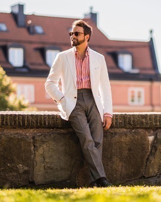 Men's White Blazer, White and Red Vertical Striped Dress Shirt, Grey Dress Pants, Black Leather Loafers