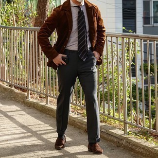 Brown Corduroy Blazer Outfits For Men: Try teaming a brown corduroy blazer with charcoal dress pants for a sleek classy outfit. Brown suede loafers are a great idea to complete your look.