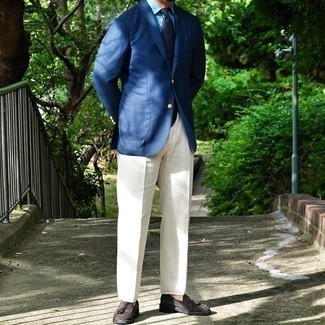 Blue Blazer Outfits For Men: Go all out in a blue blazer and white dress pants. A pair of dark brown suede tassel loafers integrates perfectly within a variety of combos.