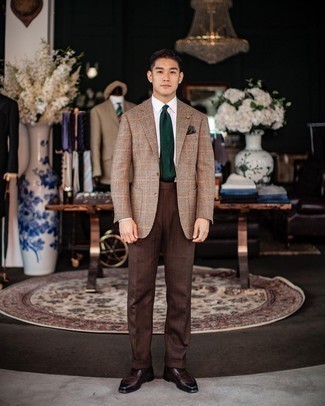 Dark Brown Leather Derby Shoes Dressy Outfits: A tan houndstooth wool blazer and brown dress pants are essential in any modern man's wardrobe. Look at how great this ensemble is rounded off with dark brown leather derby shoes.