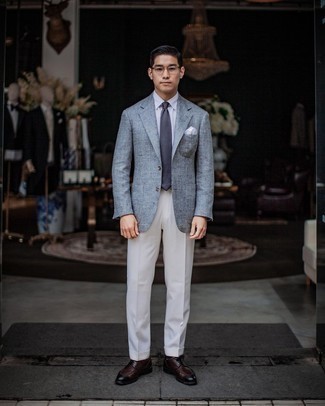 Dark Brown Leather Derby Shoes Dressy Outfits: A light blue blazer and white dress pants are a really stylish getup for any guy to try. For extra fashion points, add dark brown leather derby shoes to your getup.