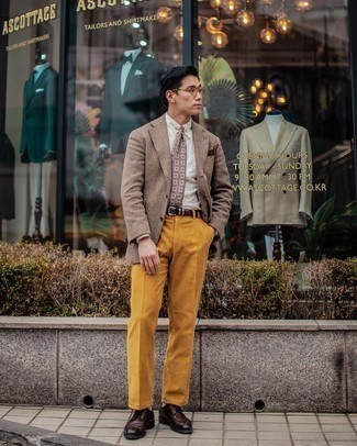 Yellow Corduroy Dress Pants Outfits For Men: You'll be surprised at how easy it is to put together this polished ensemble. Just a tan herringbone wool blazer teamed with yellow corduroy dress pants. A cool pair of dark brown leather derby shoes pulls this ensemble together.