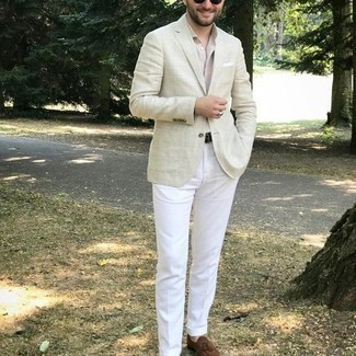 Beige Dress Shirt Outfits For Men: This refined combination of a beige dress shirt and white dress pants is a popular choice among the sartorially superior chaps. Bump up your whole outfit by finishing off with brown suede tassel loafers.