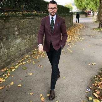 Burgundy Blazer Outfits For Men: To look like a modern dandy at all times, choose a burgundy blazer and black dress pants. Add a pair of dark brown leather double monks to the mix to tie the whole thing together.