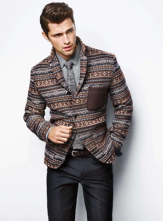 Brown Fair Isle Blazer Outfits For Men: A brown fair isle blazer looks especially polished when paired with charcoal dress pants in a modern man's combo.