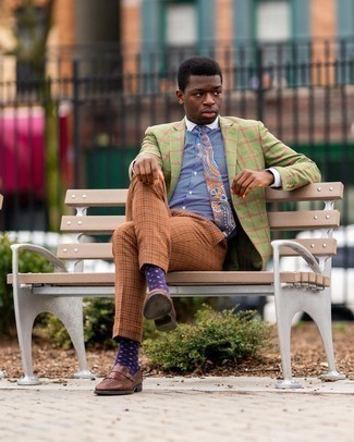 Men's Green Check Blazer, White and Blue Vertical Striped Dress Shirt, Tobacco Dress Pants, Brown Fringe Leather Loafers
