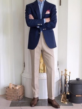 Navy Blazer Summer Outfits For Men: For a look that's dapper and gasp-worthy, make a navy blazer and beige dress pants your outfit choice. A pair of brown leather loafers will tie this whole ensemble together. Totally summer-ready, you can rock this outfit all summer long.