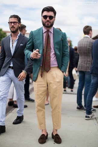 Teal Blazer Outfits For Men: Loving the way this combination of a teal blazer and khaki dress pants instantly makes men look sharp and sophisticated. Dark brown suede tassel loafers complete this outfit very nicely.