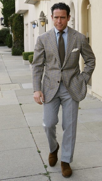 Grey Gingham Blazer Outfits For Men: Pair a grey gingham blazer with grey dress pants - this look will surely turn every head in the room. A pair of brown suede oxford shoes effortlessly bumps up the style factor of this ensemble.