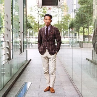 Brown Plaid Blazer Outfits For Men: You'll be surprised at how super easy it is to pull together this refined look. Just a brown plaid blazer and beige dress pants. When not sure about the footwear, stick to tobacco suede tassel loafers.