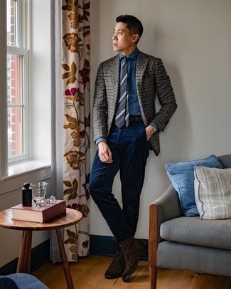 Charcoal Gingham Blazer Outfits For Men: This combination of a charcoal gingham blazer and navy corduroy dress pants is a foolproof option when you need to look seriously smart and classy. And if you wish to instantly tone down this ensemble with one single piece, why not add a pair of dark brown suede casual boots to the equation?