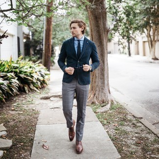 Brown Leather Brogues Outfits: This sophisticated pairing of a navy denim blazer and grey plaid dress pants is a frequent choice among the dapper chaps. Throw a pair of brown leather brogues into the mix et voila, your look is complete.