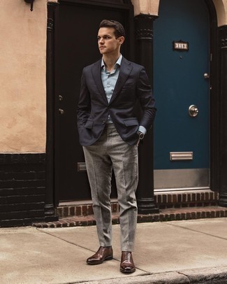 Charcoal Wool Dress Pants Outfits For Men: Hard proof that a black blazer and charcoal wool dress pants are amazing when combined together in a sophisticated look for today's guy. A pair of brown leather oxford shoes will tie your full look together.