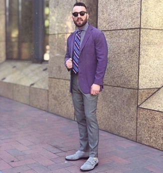 Dark Purple Vertical Striped Blazer Outfits For Men: We love the way this pairing of a dark purple vertical striped blazer and grey dress pants instantly makes men look polished and dapper. If you're clueless about how to round off, a pair of grey suede double monks is a goofproof option.