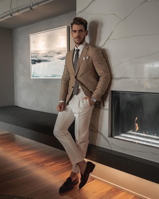 Grey Horizontal Striped Tie Outfits For Men: You'll be surprised at how very easy it is to get dressed this way. Just a tan blazer worn with a grey horizontal striped tie. Dark brown suede tassel loafers are a savvy choice to finish off this look.