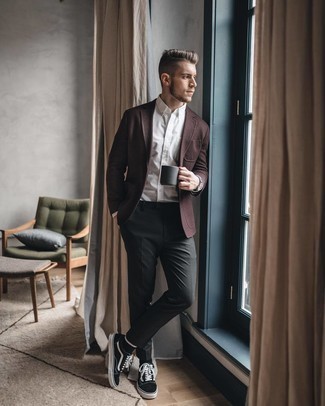 Burgundy Wool Blazer Outfits For Men: Go for a sharp ensemble in a burgundy wool blazer and charcoal dress pants. If you wish to instantly tone down this outfit with footwear, complete this getup with a pair of black and white canvas low top sneakers.