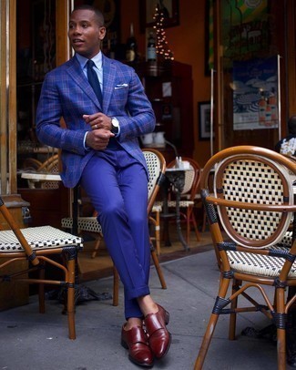 Burgundy Leather Double Monks Outfits: When it comes to high-octane sophisticated style, this combo of a navy plaid blazer and navy dress pants doesn't disappoint. Complement this ensemble with burgundy leather double monks and the whole ensemble will come together.