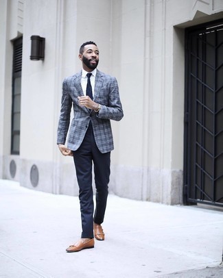 Blue Plaid Blazer Outfits For Men: To look nice and smart, wear a blue plaid blazer with navy dress pants. Look at how nice this outfit is rounded off with a pair of tobacco leather double monks.