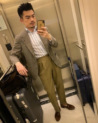 Charcoal Suitcase Outfits For Men: This casual pairing of a brown check blazer and a charcoal suitcase is simple, seriously stylish and extremely easy to replicate. If you wish to instantly amp up your look with footwear, why not complete your look with brown suede loafers?