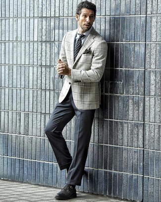 Black Print Tie Outfits For Men: This combination of a grey check blazer and a black print tie is a lifesaver when you need to look like a true expert in men's fashion. Charcoal leather double monks are a wonderful option to finish off your ensemble.