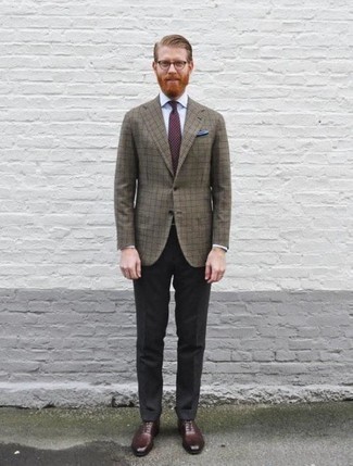 Brown Plaid Wool Blazer Outfits For Men: A brown plaid wool blazer and charcoal dress pants are among the key pieces in any gentleman's wardrobe. To introduce a bit of flair to this look, complement this ensemble with burgundy leather oxford shoes.