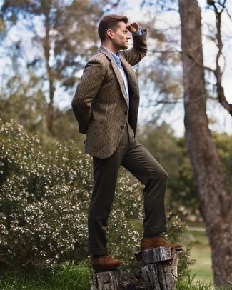 Tobacco Dress Pants Outfits For Men: Marry a brown houndstooth wool blazer with tobacco dress pants and you'll look like a true fashion maven. We're totally digging how a pair of brown suede derby shoes makes this getup whole.