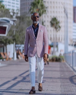 Pink Blazer Outfits For Men: Loving the way this combo of a pink blazer and white dress pants instantly makes a man look stylish and classy. A pair of dark brown suede loafers is a great idea to finish this look.