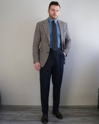 Grey Wool Blazer Outfits For Men: Without any doubt, you'll look incredibly sharp in a grey wool blazer and navy dress pants. A great pair of dark brown leather oxford shoes will never date.