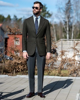 Men's Dark Green Wool Blazer, White and Blue Vertical Striped Dress Shirt, Charcoal Dress Pants, Burgundy Leather Loafers
